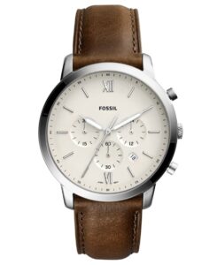 Brown Leather Strap Watch 44mm - Silver